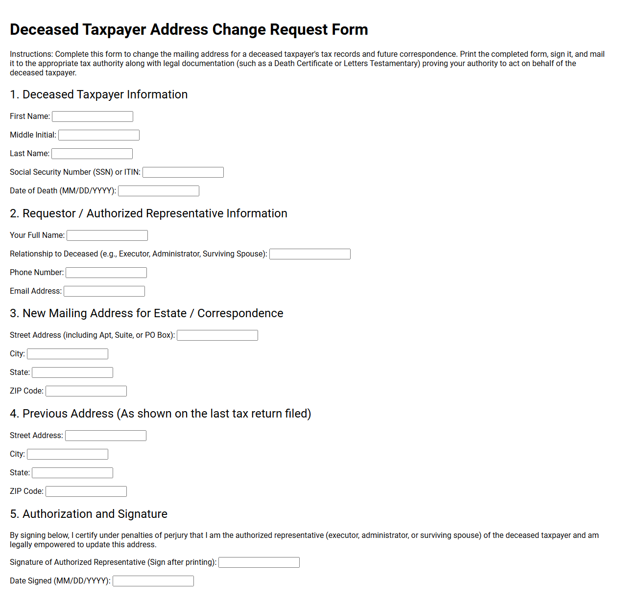Deceased Taxpayer Address Change Request Form