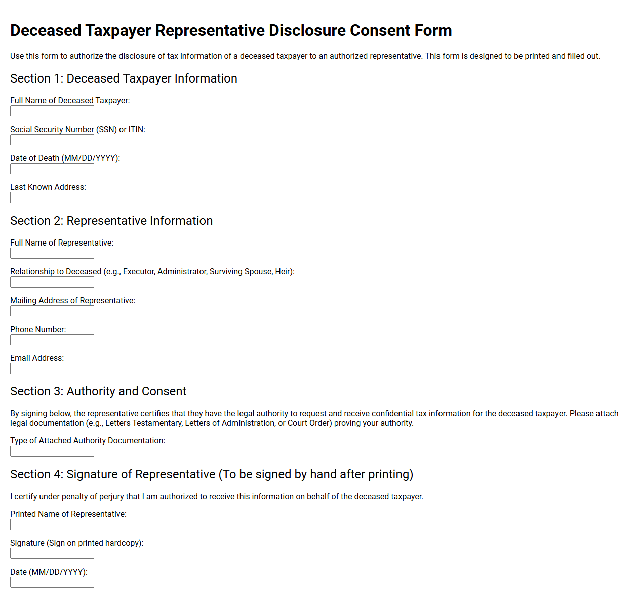 Deceased Taxpayer Representative Disclosure Consent Form