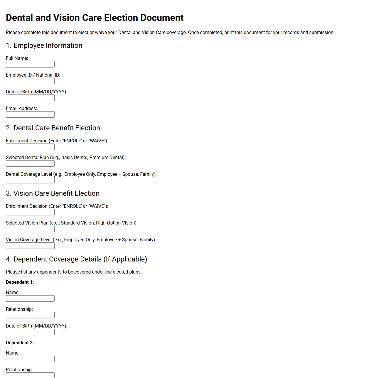 Dental and Vision Care Election Document