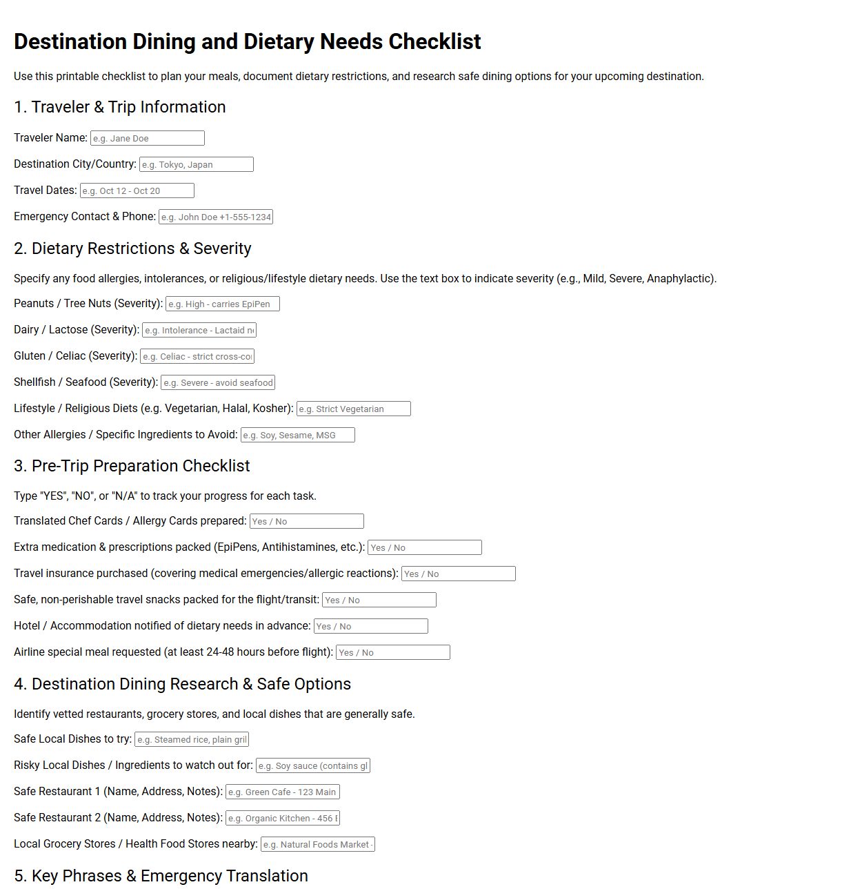 Destination Dining and Dietary Needs Checklist