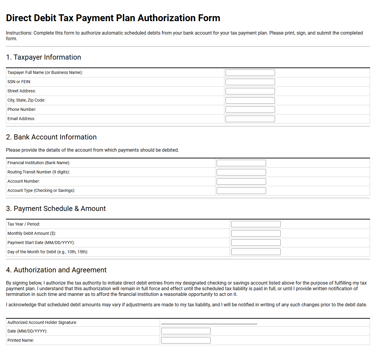 Direct Debit Tax Payment Plan Authorization Form