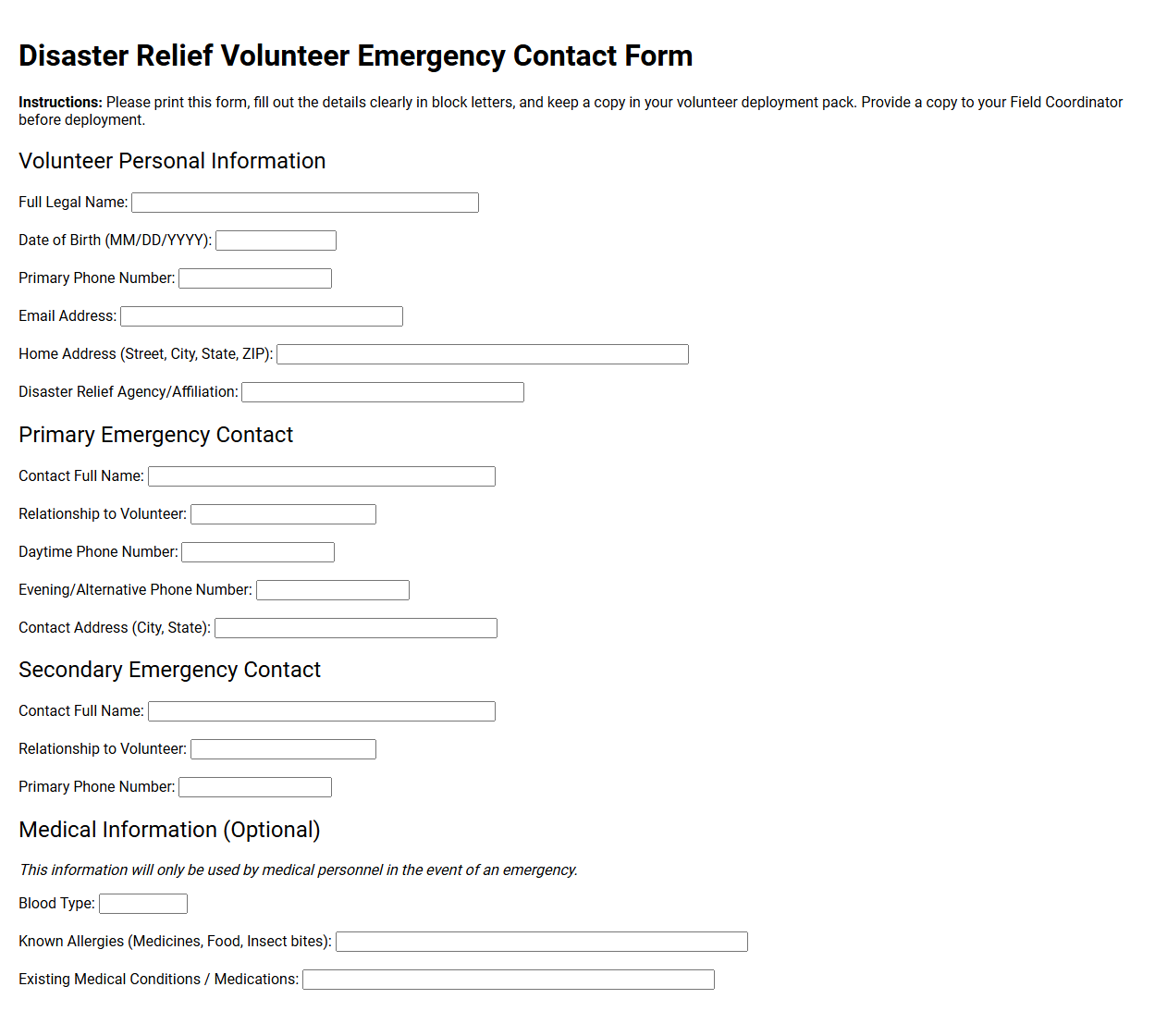 Disaster Relief Volunteer Emergency Contact Form