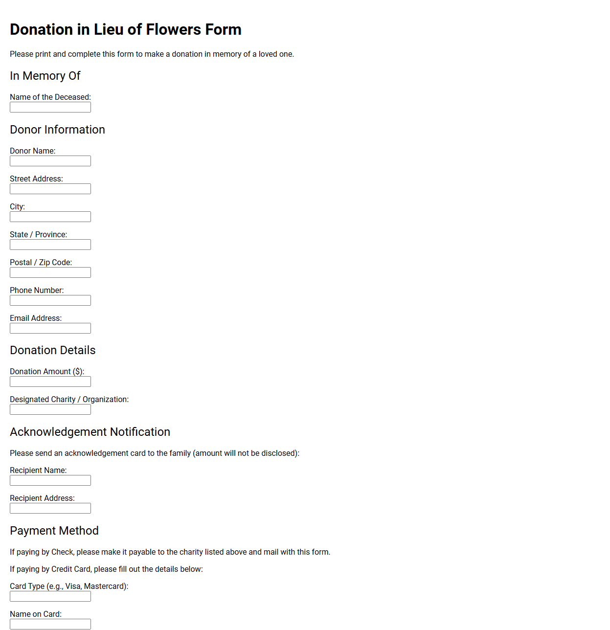 Donation in Lieu of Flowers Form