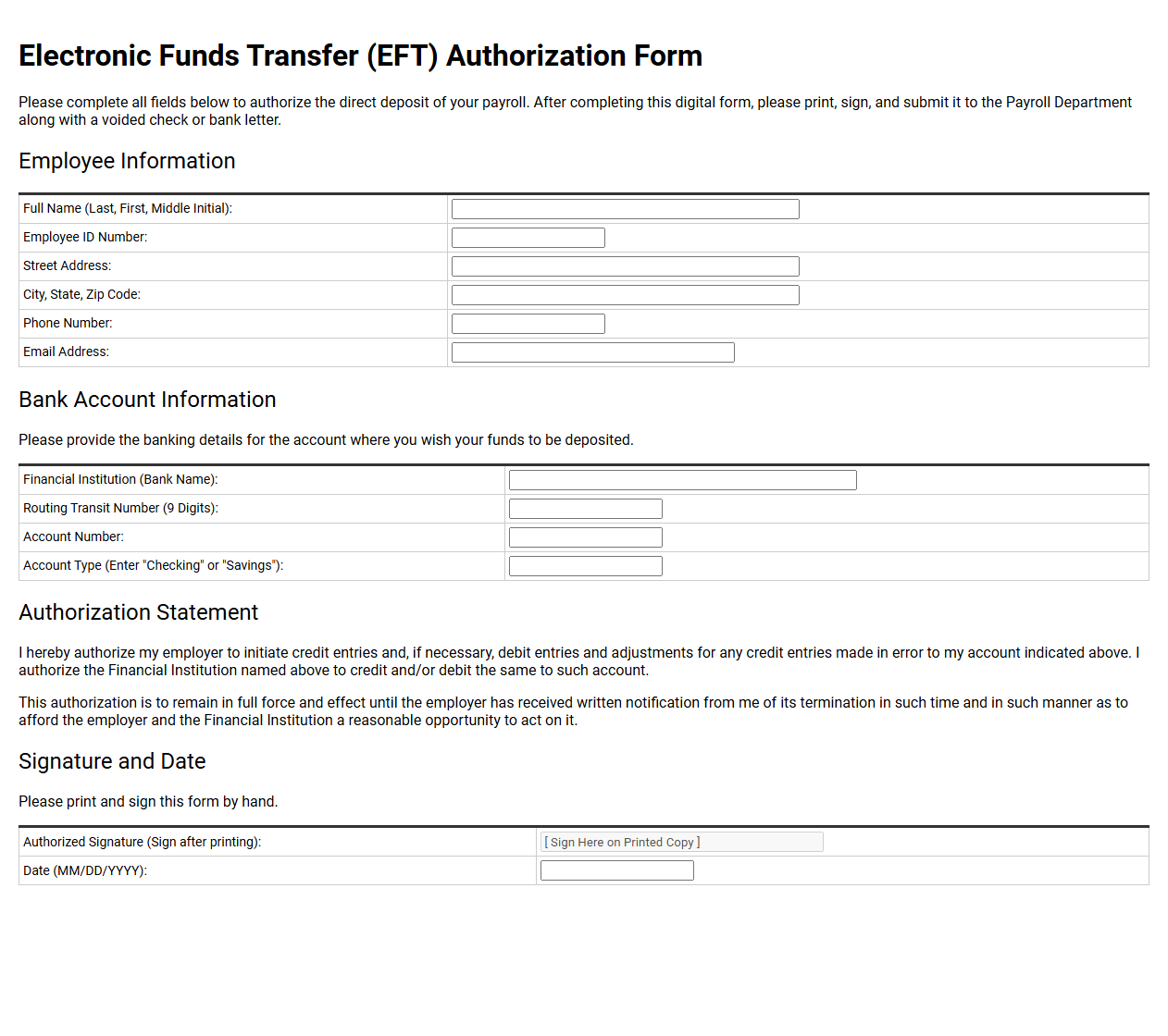 Electronic Funds Transfer Authorization Form for Payroll