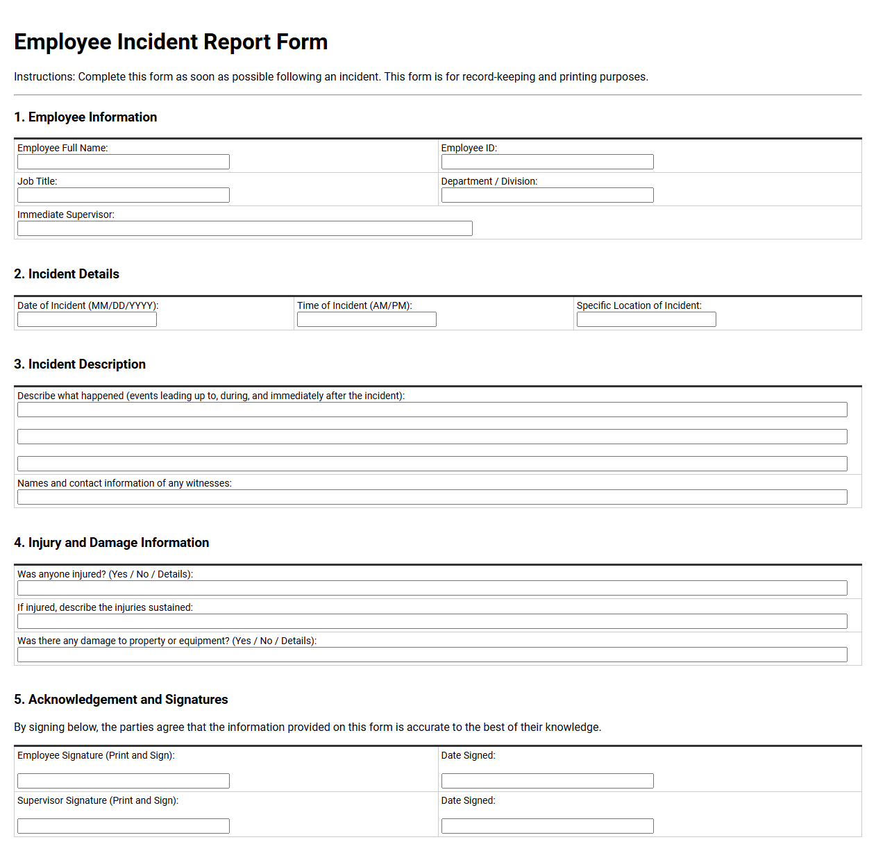Employee Incident Report Form Template
