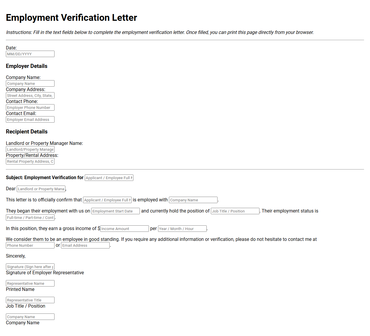 Employment Verification Letter for Rental Applicants