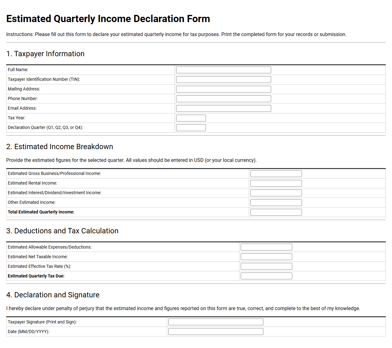 Estimated Quarterly Income Declaration Form