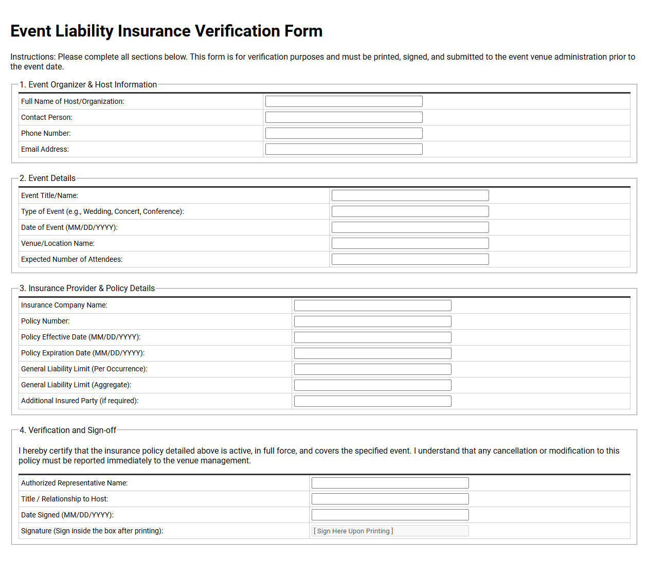 Event Liability Insurance Verification Form