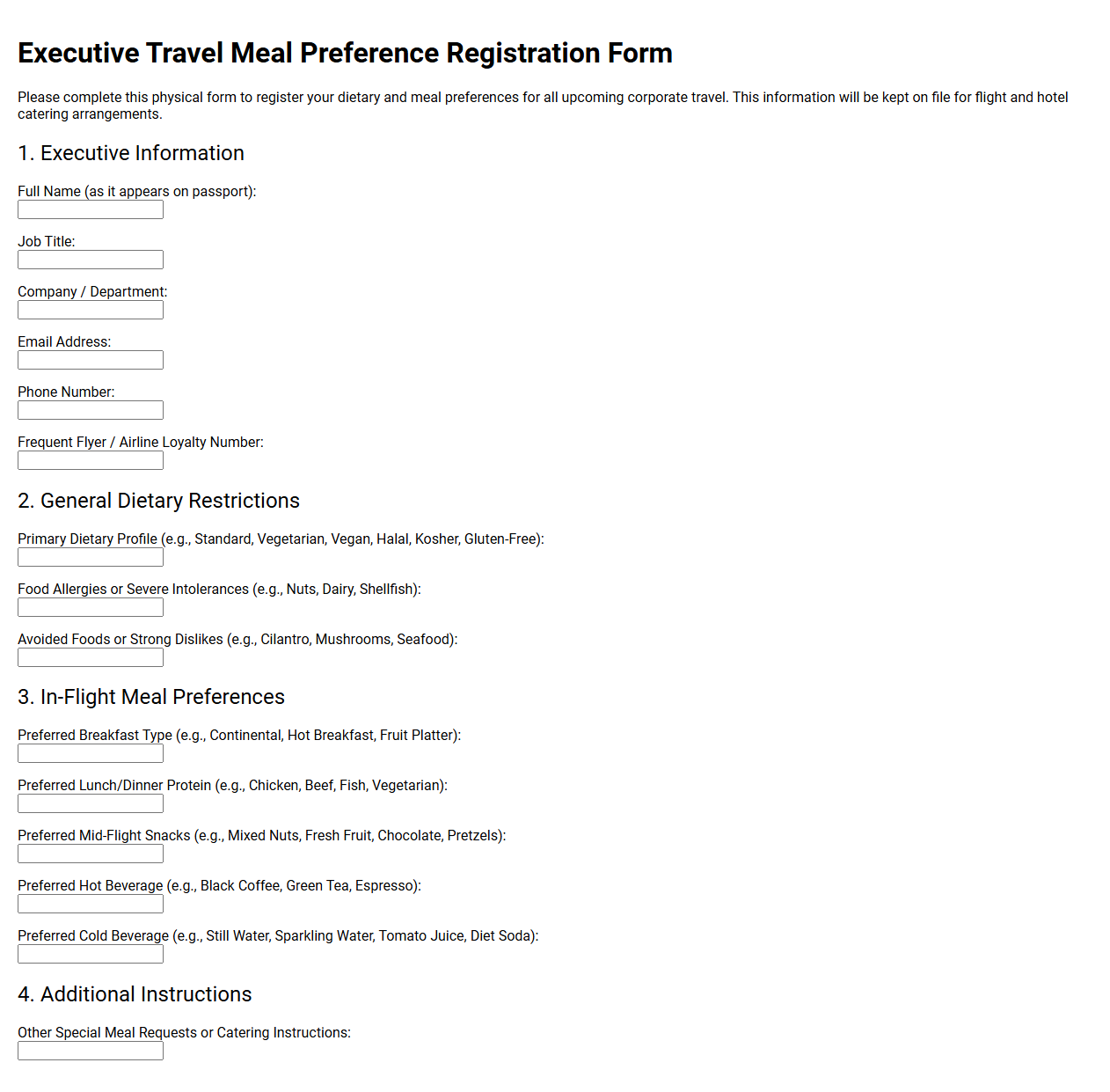 Executive Travel Meal Preference Registration Form