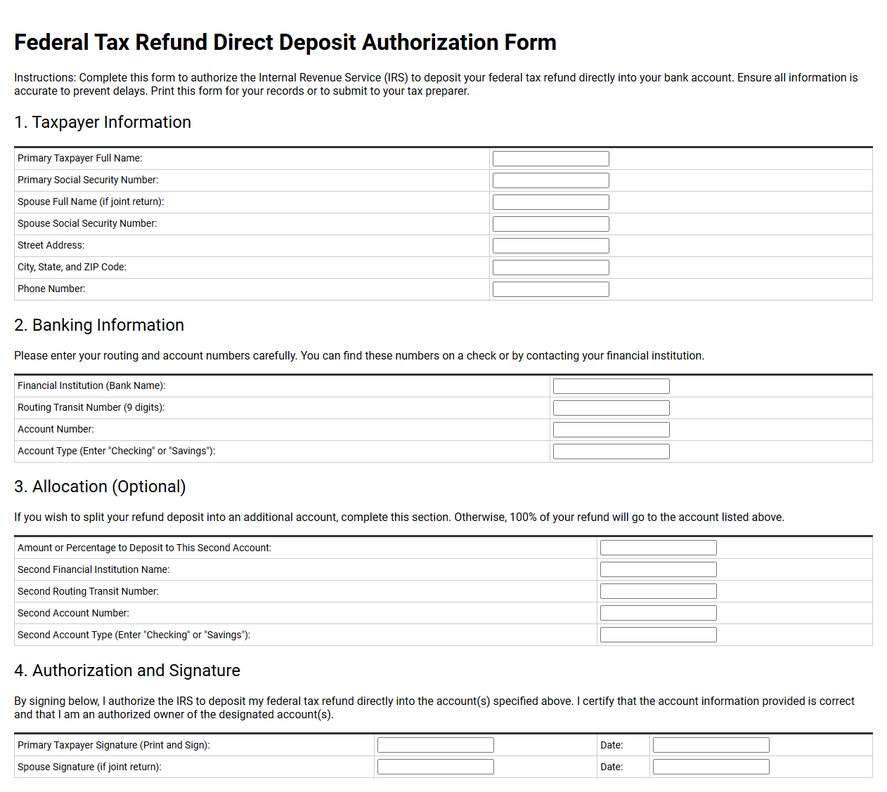 Federal Tax Refund Direct Deposit Authorization Form