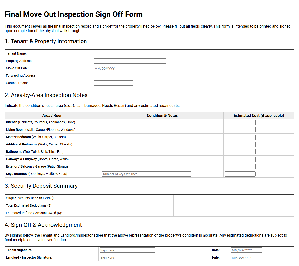 Final Move Out Inspection Sign Off Form