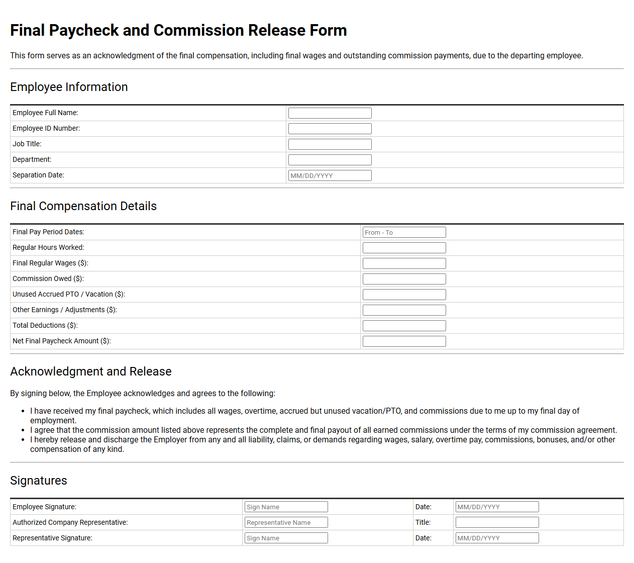 Final Paycheck and Commission Release Form