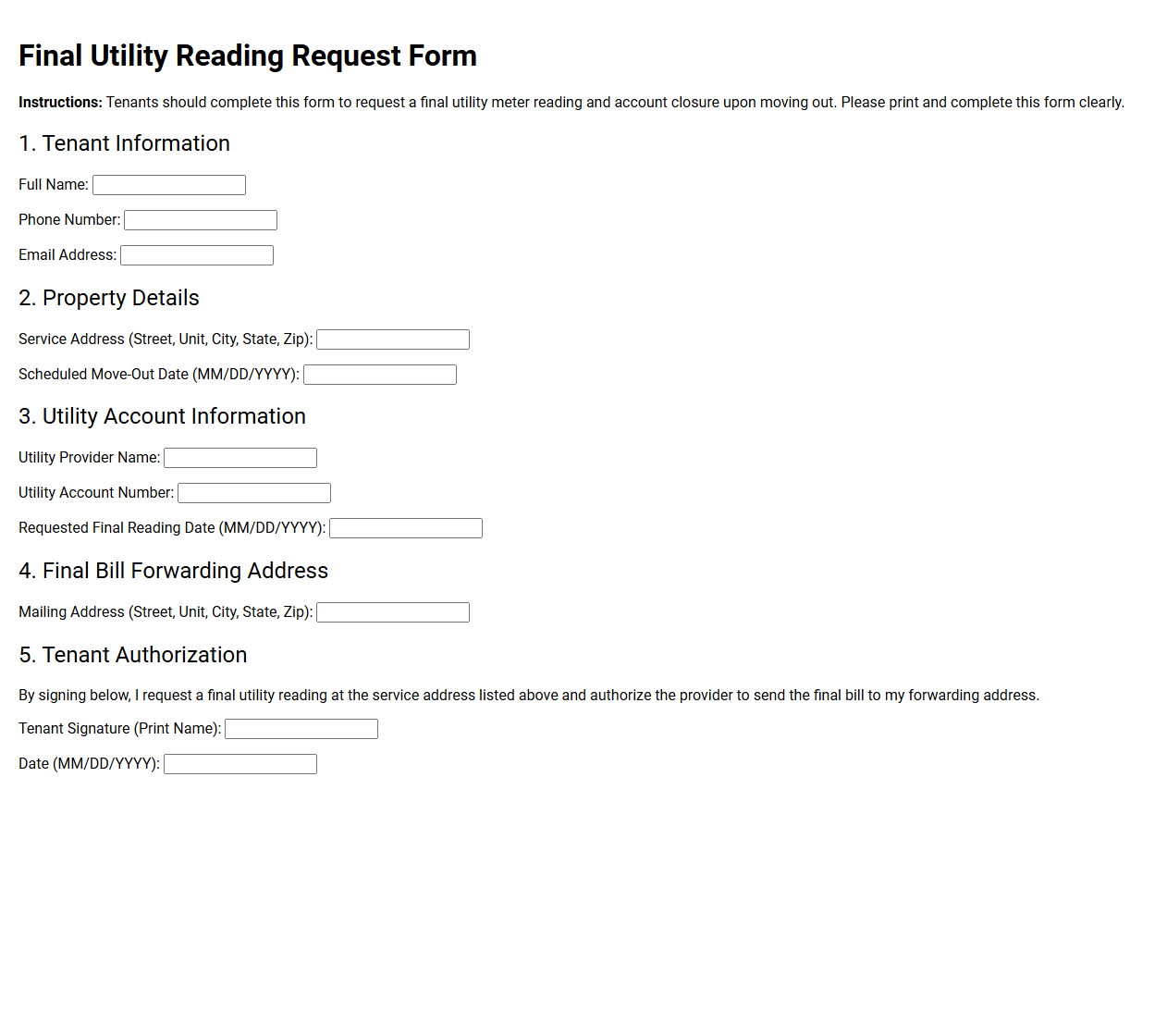 Final Utility Reading Request Form for Tenants