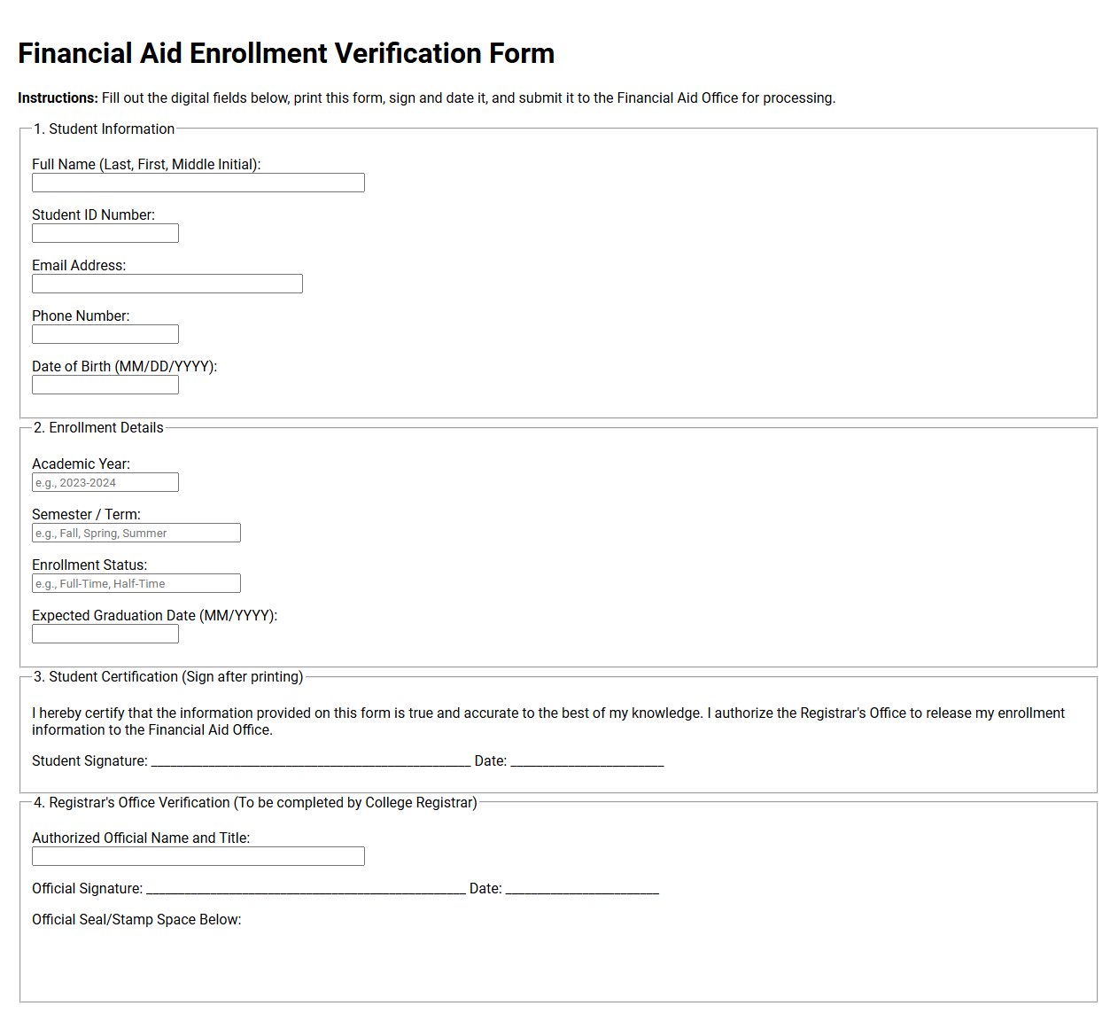 Financial Aid Enrollment Verification Form