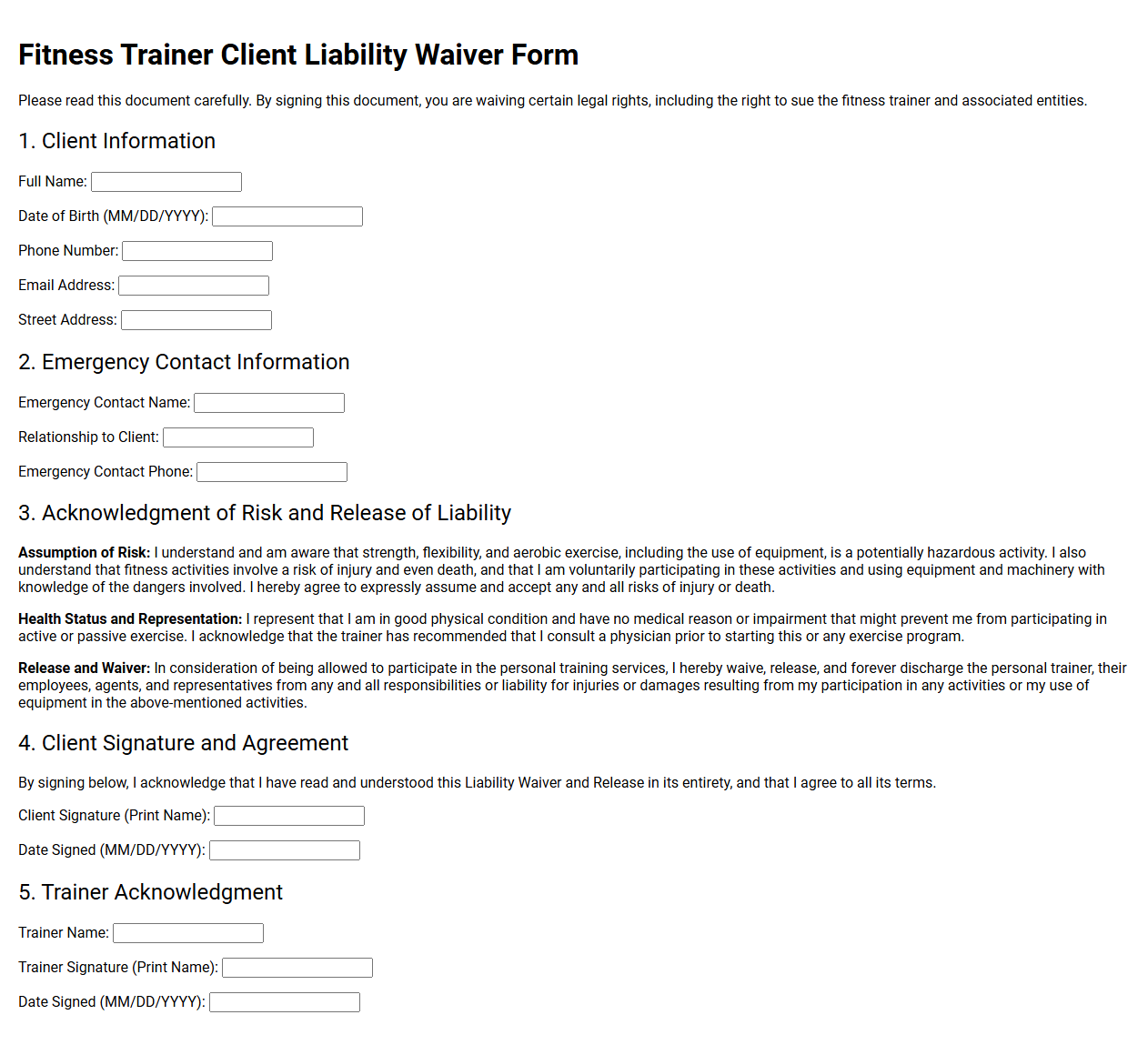 Fitness Trainer Client Liability Waiver Form