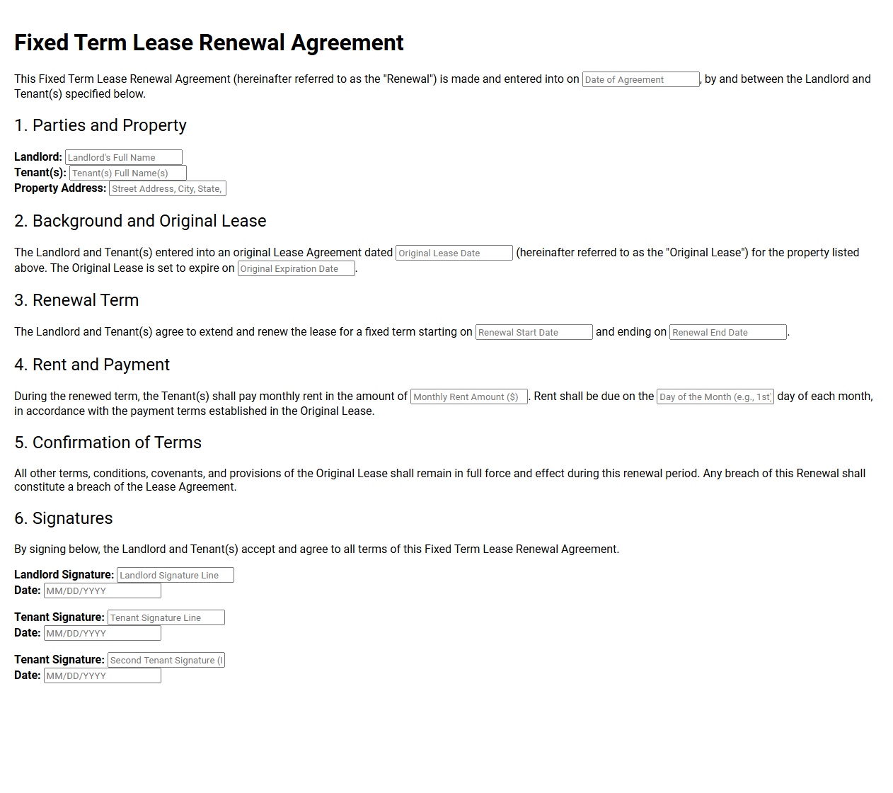 Fixed Term Lease Renewal Agreement Template