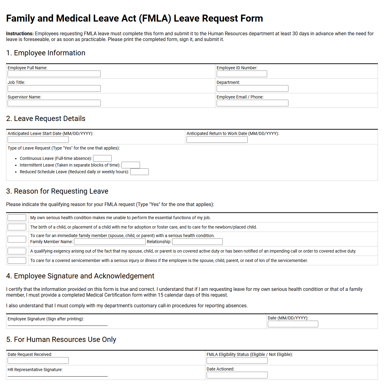 FMLA Medical Leave Request Template