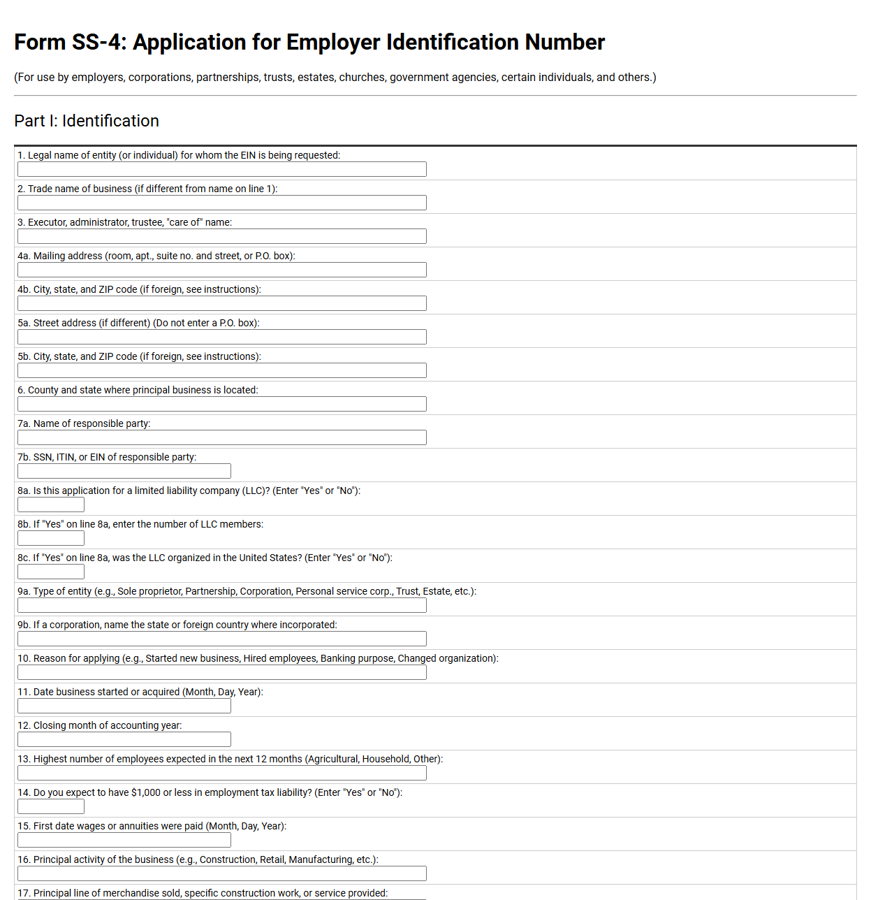 Form SS-4 Application for Employer Identification Number