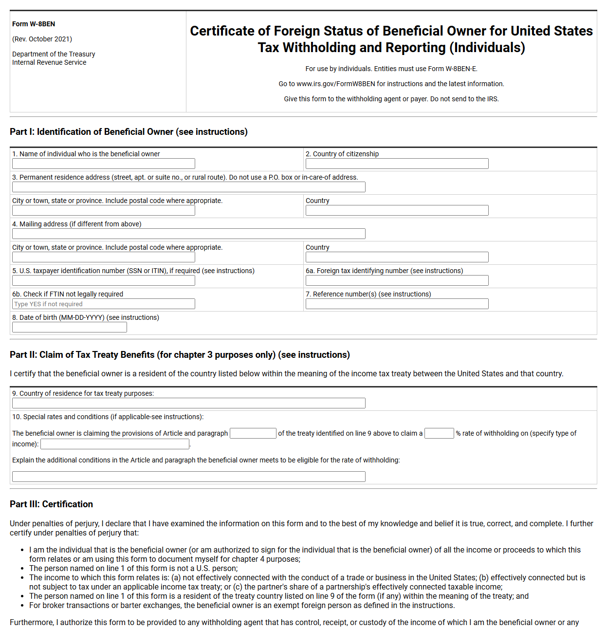 Form W-8BEN Certificate of Foreign Status for Taxpayer Identification