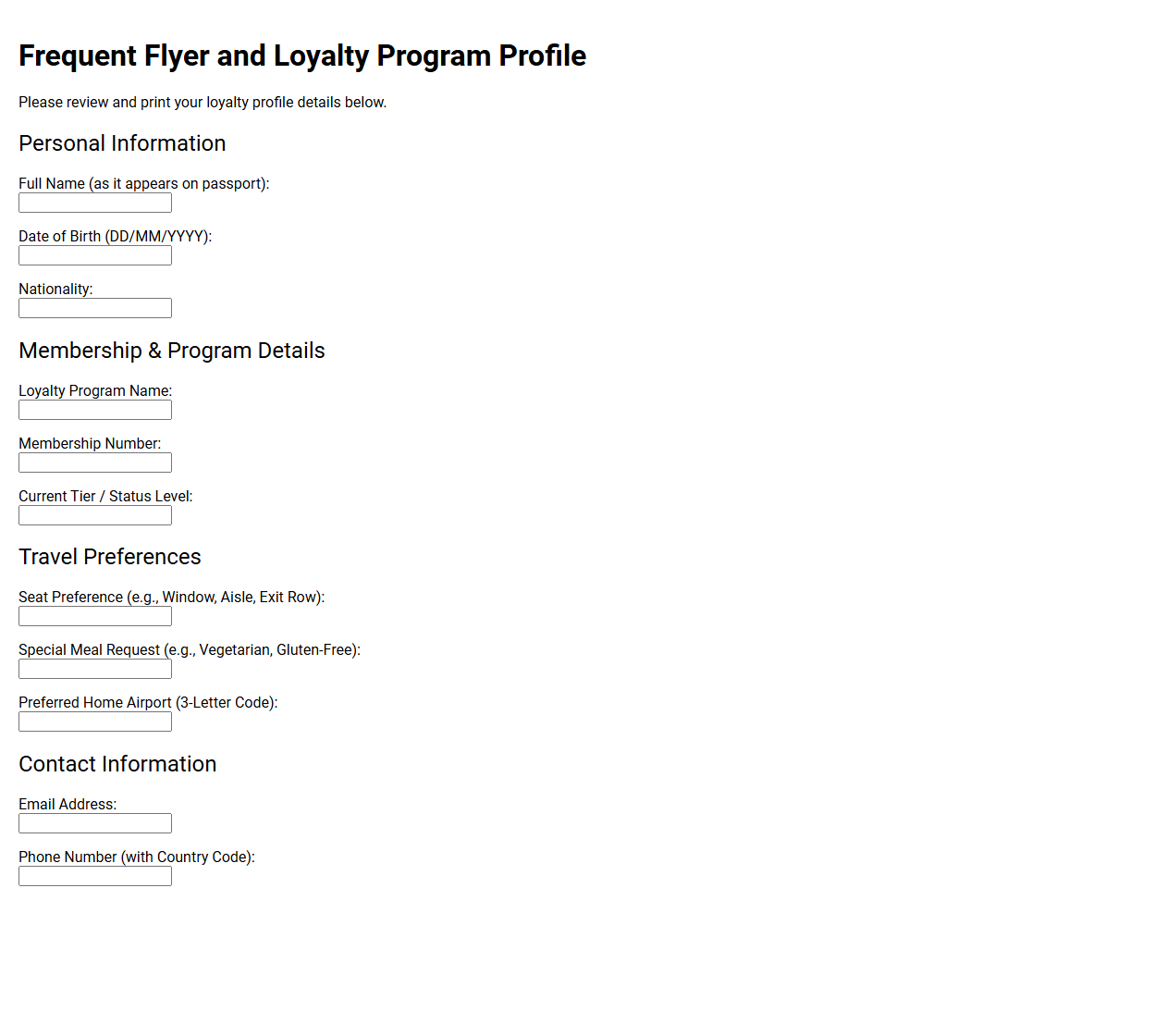 Frequent Flyer and Loyalty Program Profile