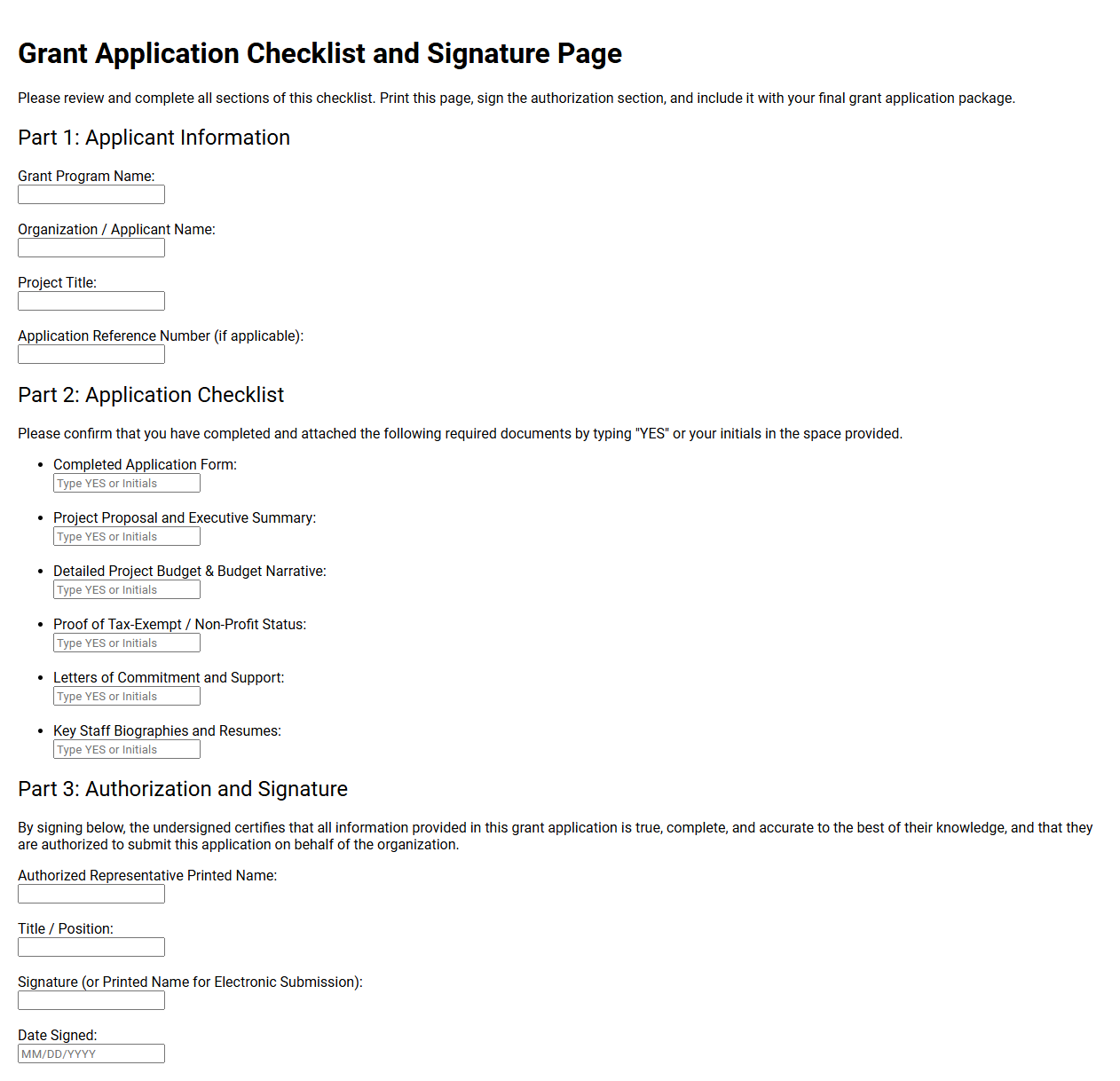 Grant Application Checklist and Signature Page