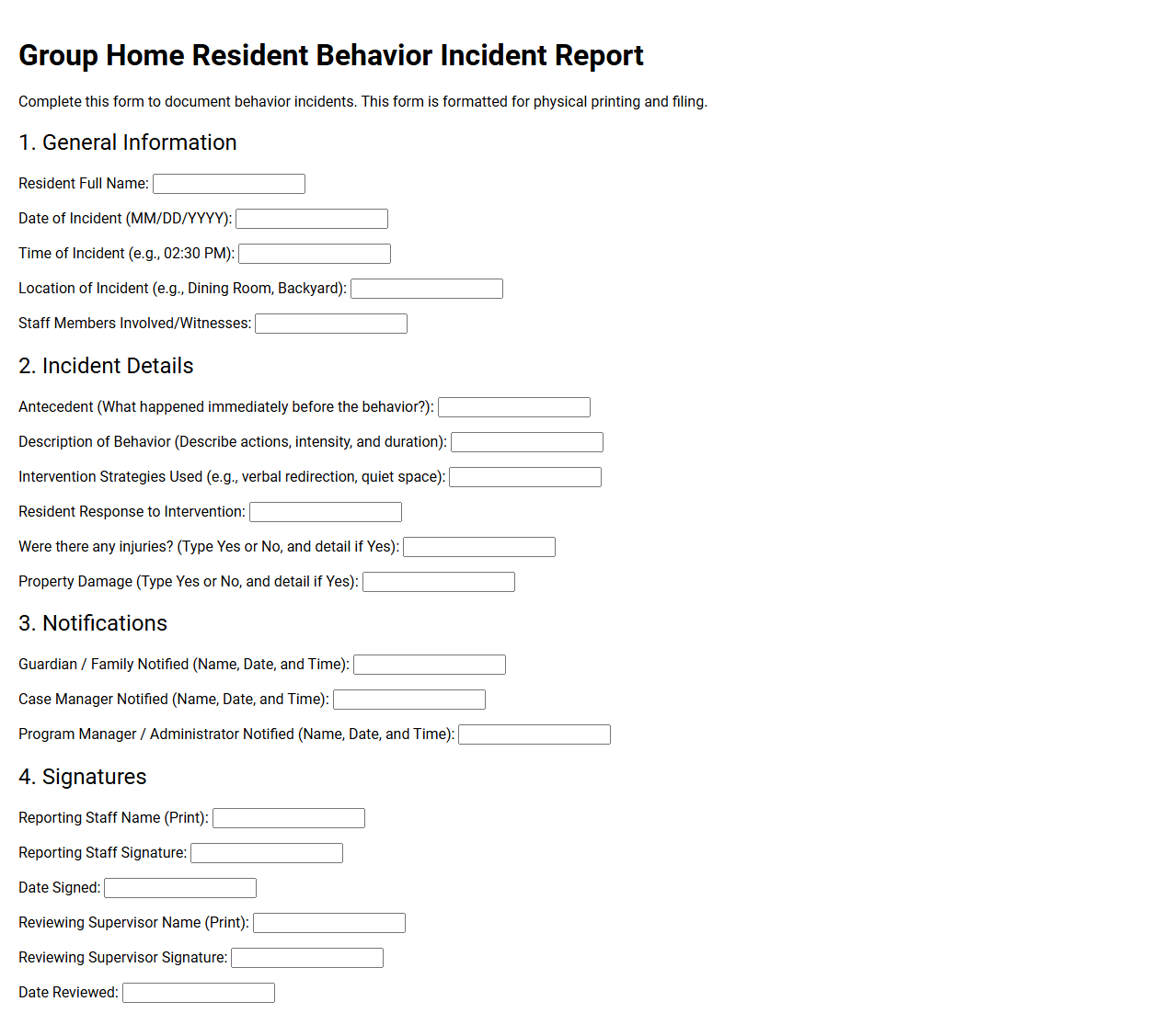 Group Home Resident Behavior Incident Report