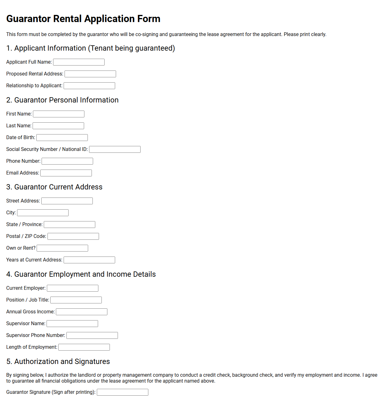 Guarantor Rental Application Form