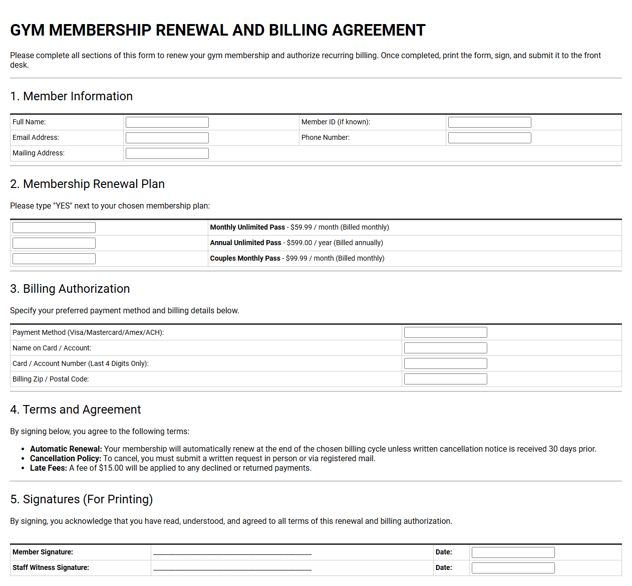 Gym Membership Renewal and Billing Agreement Form