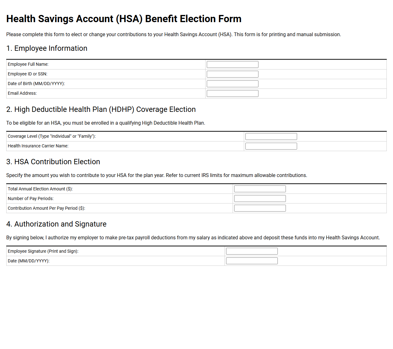 Health Savings Account Benefit Election Form