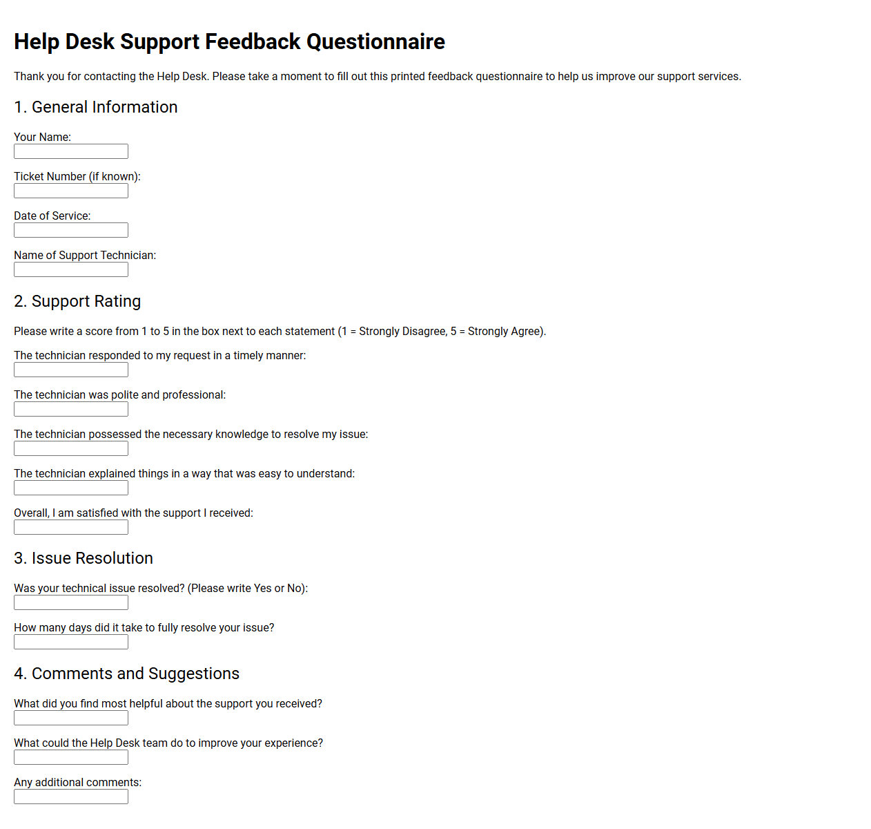 Help Desk Support Feedback Questionnaire