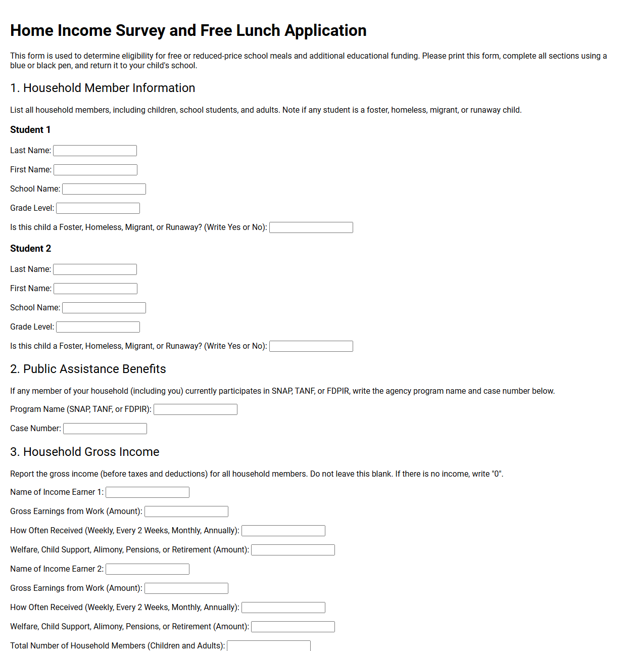 Home Income Survey and Free Lunch Form