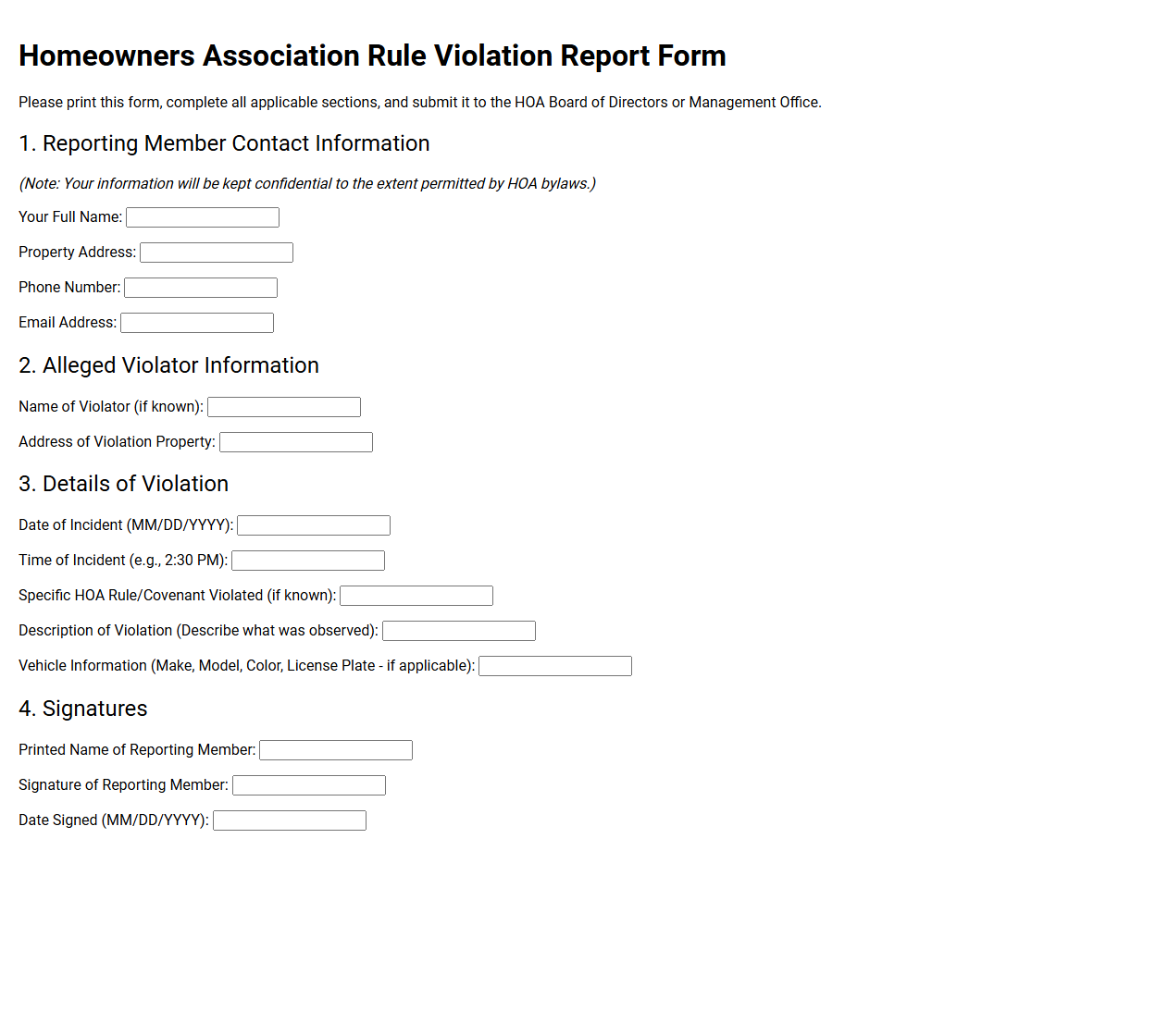 Homeowners Association Rule Violation Report Form