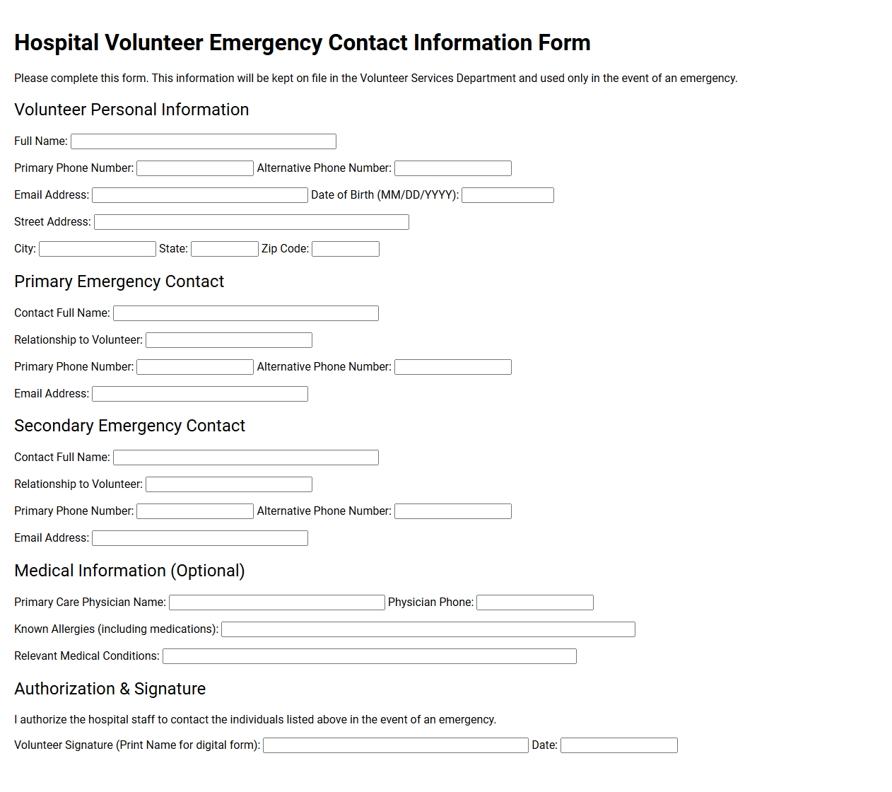 Hospital Volunteer Emergency Contact Information Form