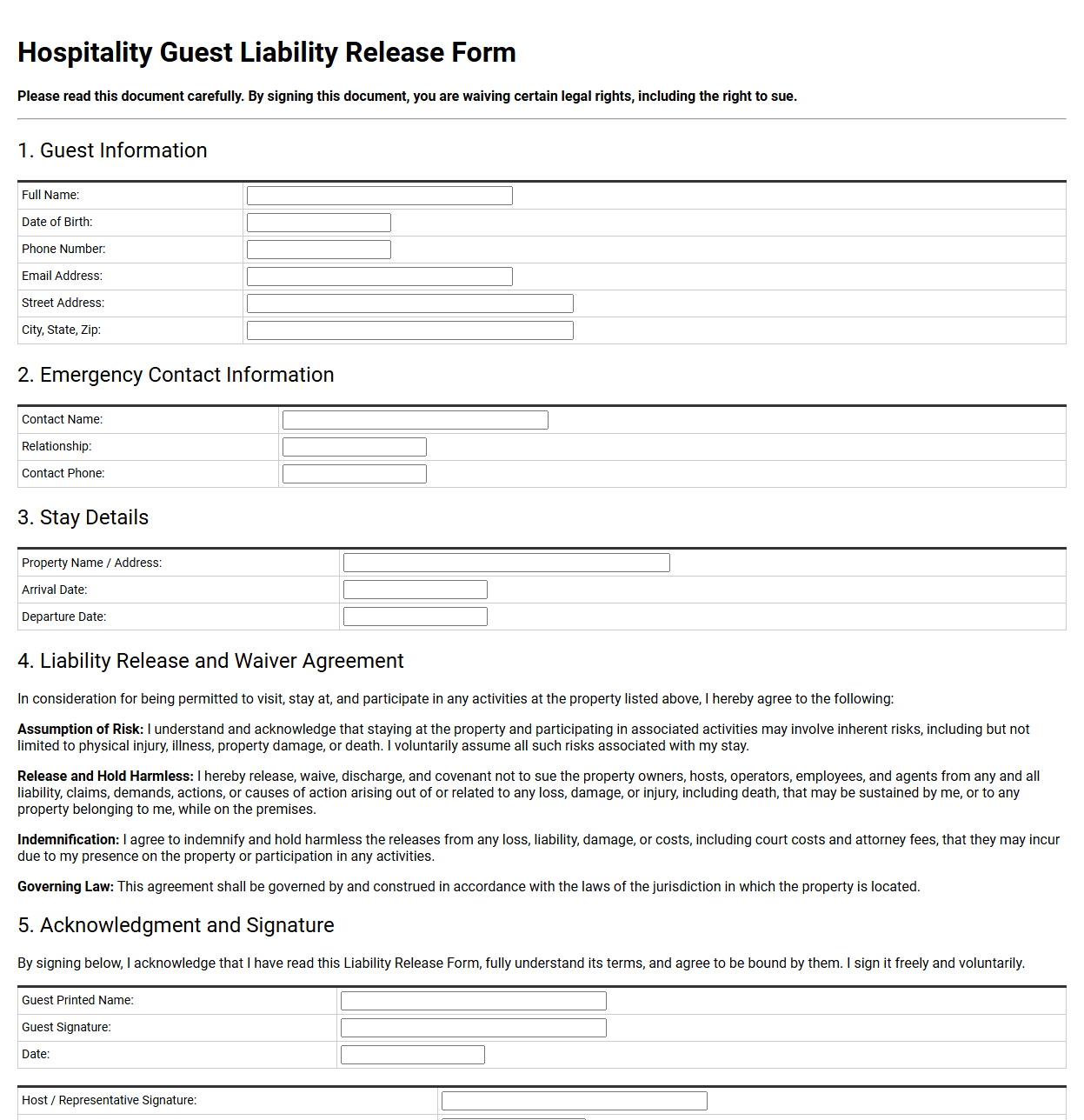 Hospitality Guest Liability Release Form