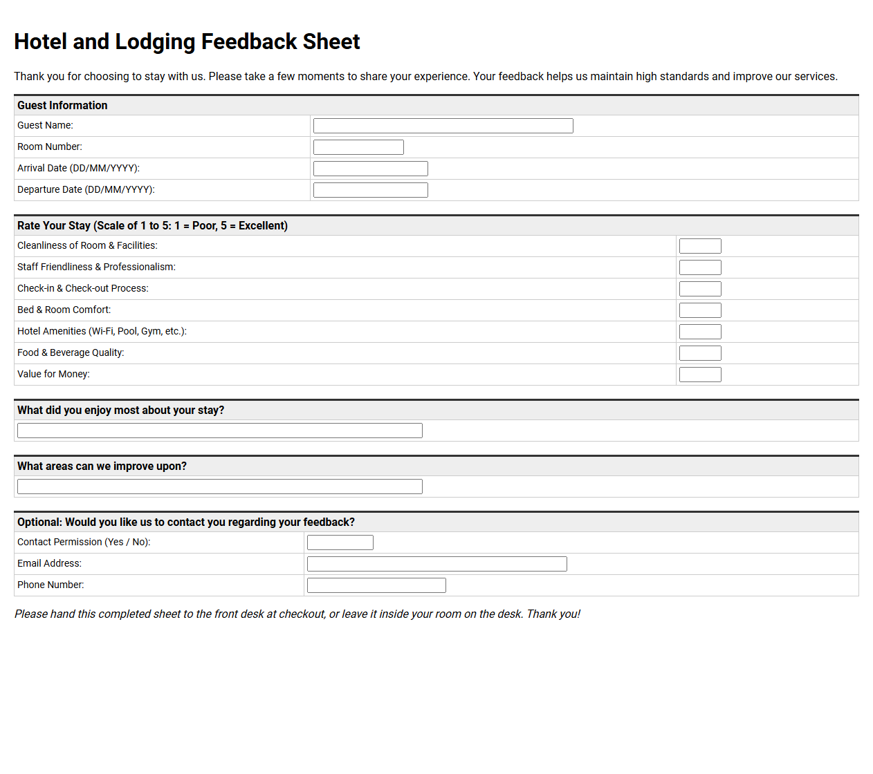 Hotel and Lodging Feedback Sheet