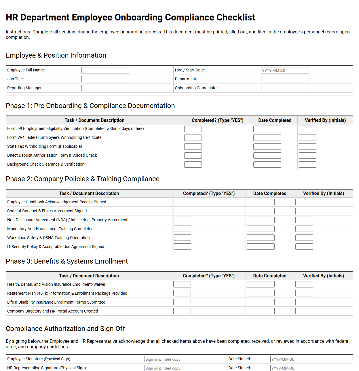 HR Department Employee Onboarding Compliance Checklist