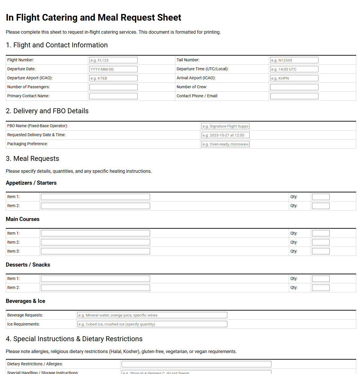In Flight Catering and Meal Request Sheet