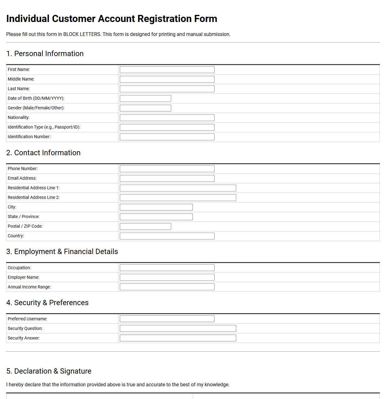 Individual Customer Account Registration Form