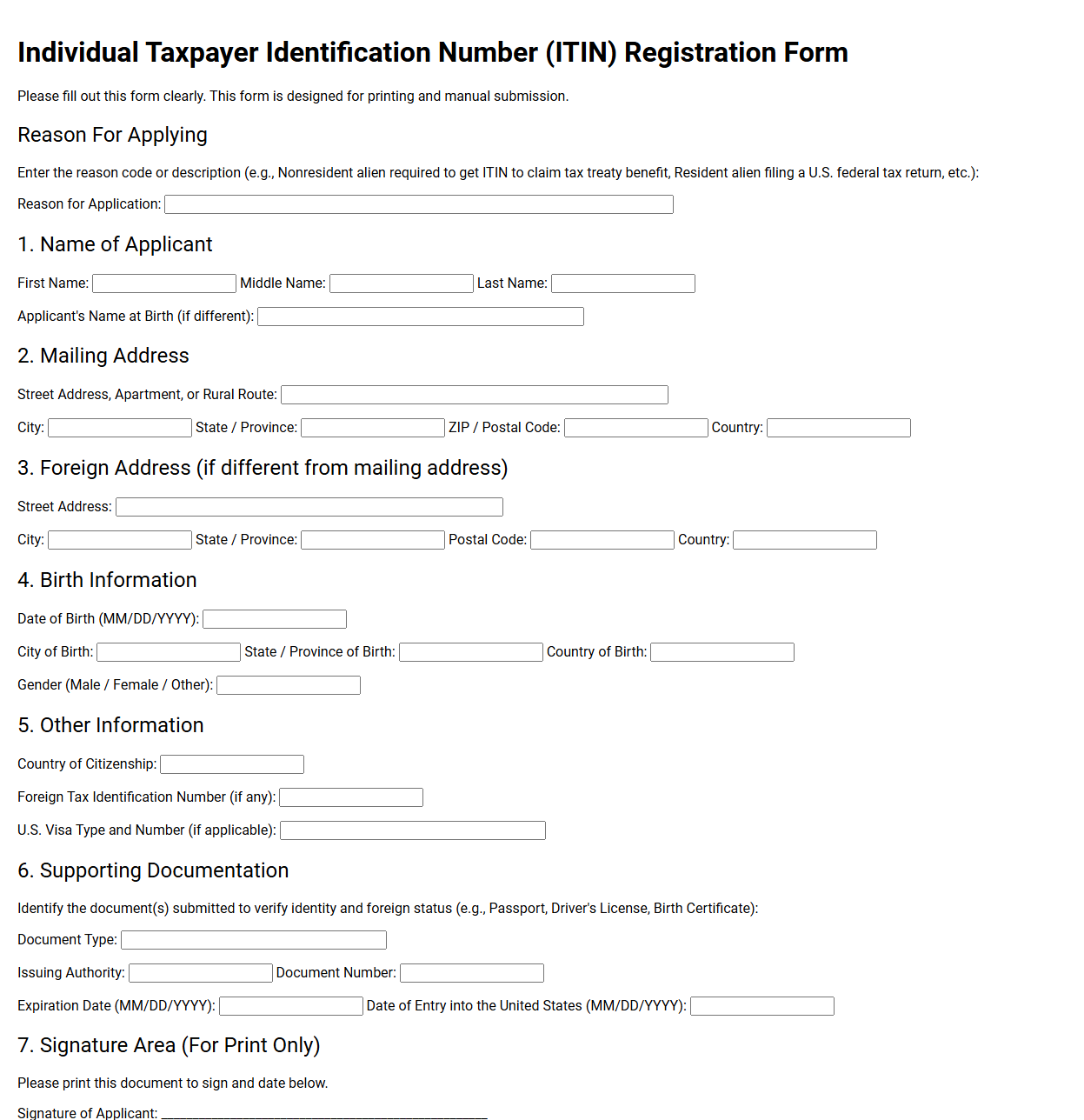 Individual Taxpayer Identification Number Registration Form