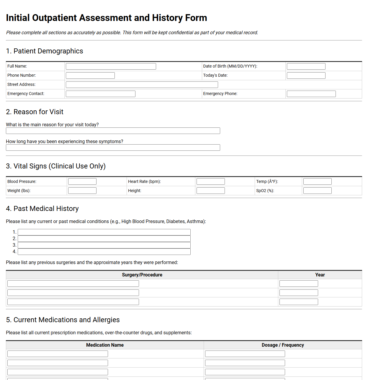 Initial Outpatient Assessment and History Form