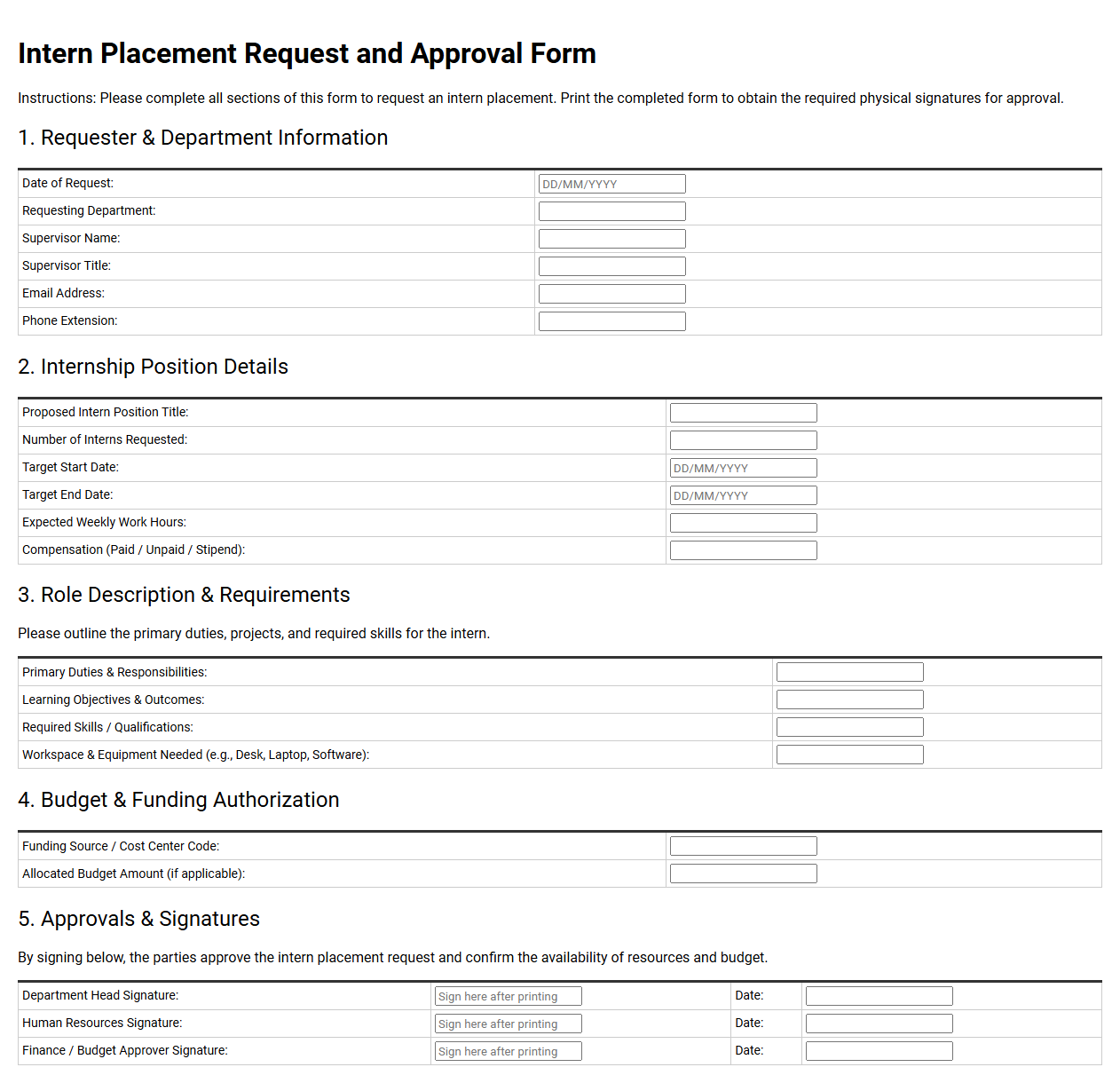 Intern Placement Request and Approval Form
