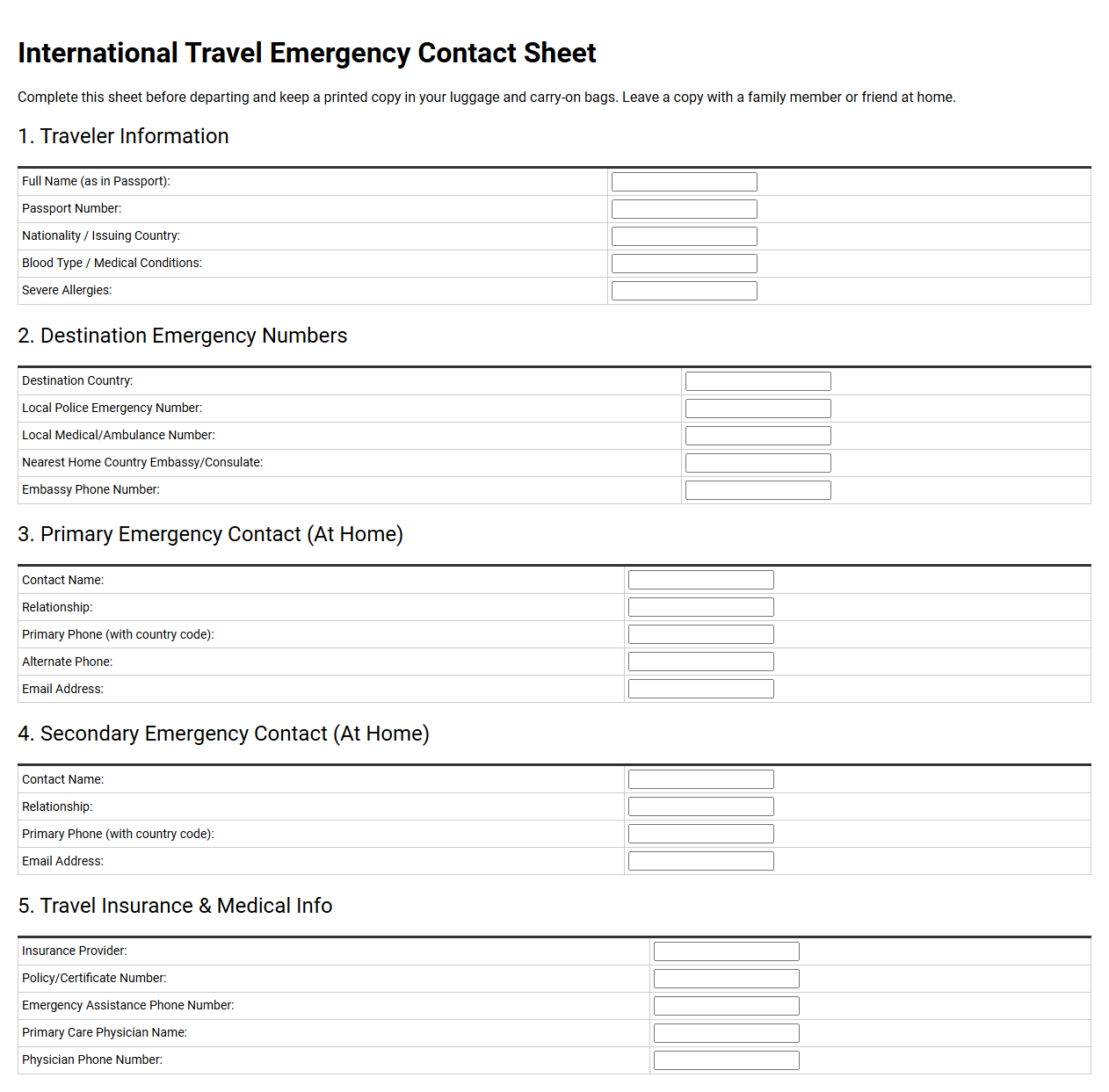 International Travel Emergency Contact Sheet