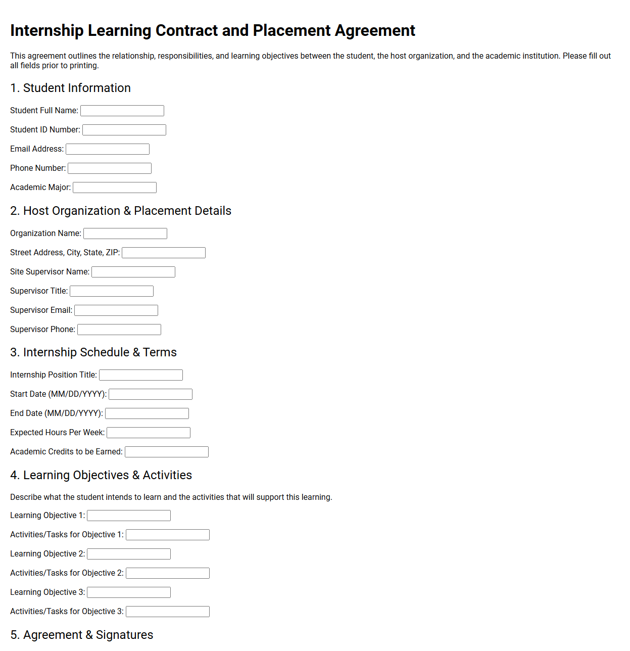 Internship Learning Contract and Placement Agreement