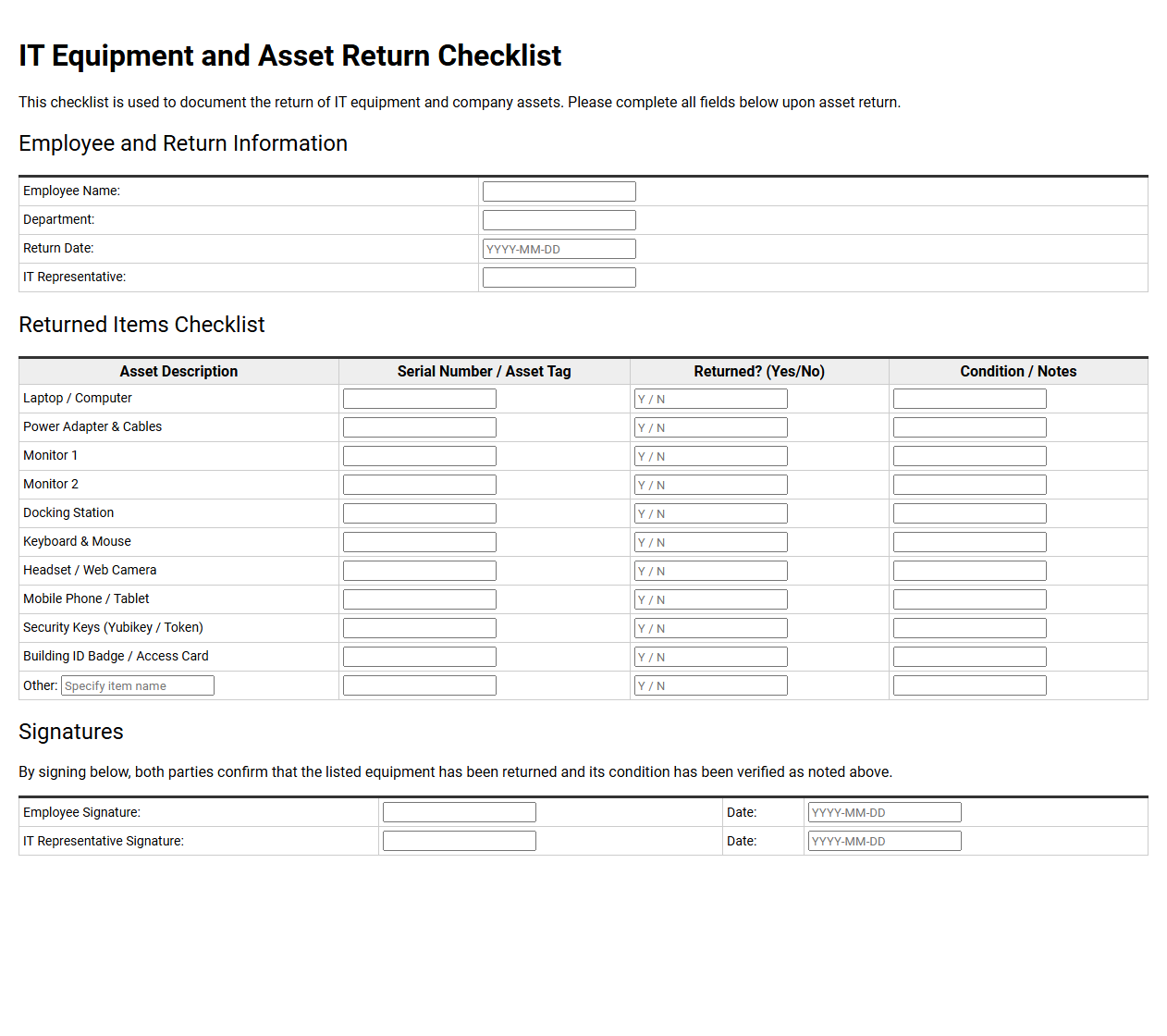 IT Equipment and Asset Return Checklist