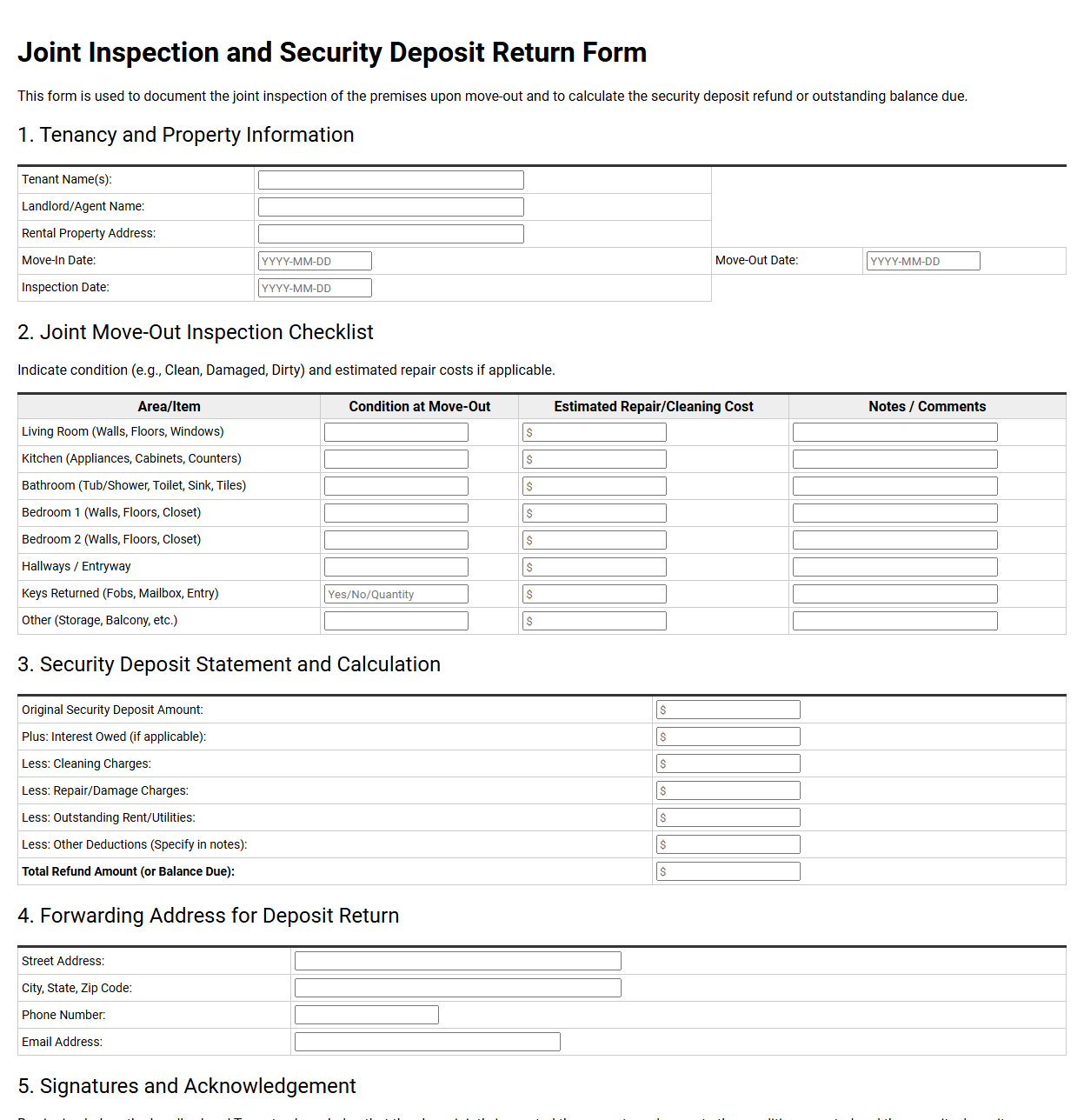 Joint Inspection and Security Deposit Return Form