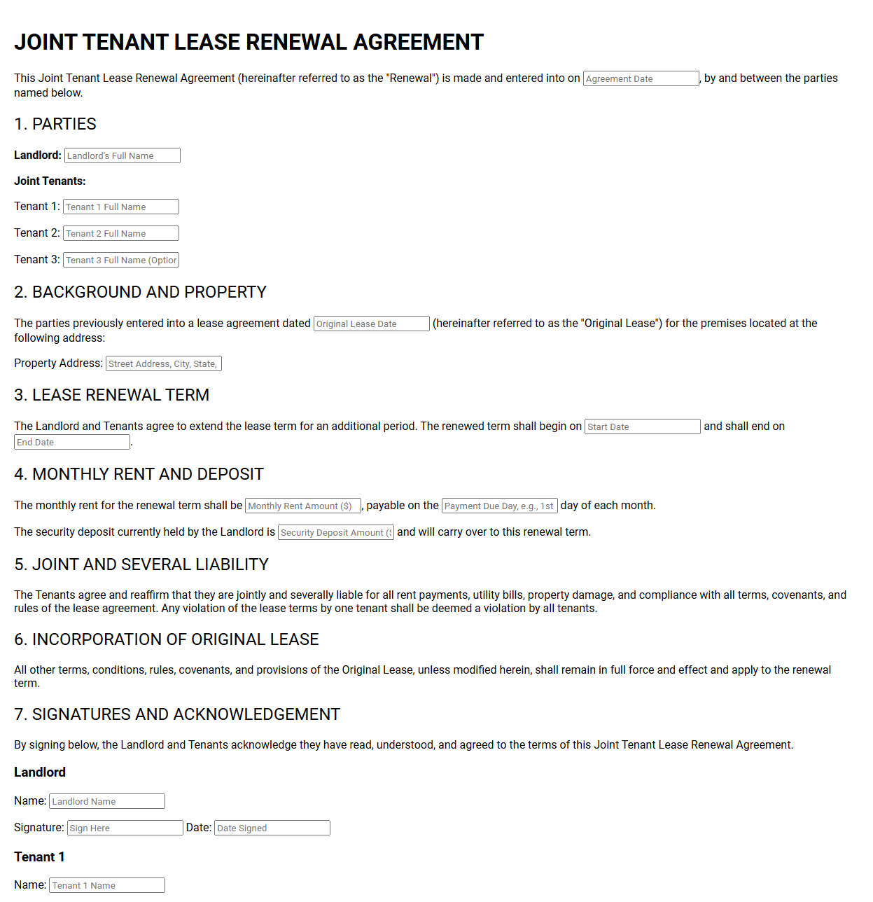 Joint Tenant Lease Renewal Agreement Template