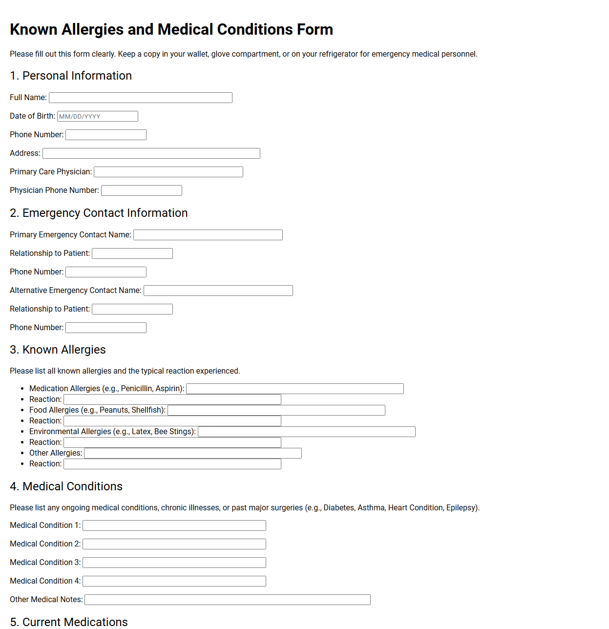 Known Allergies and Medical Conditions Form