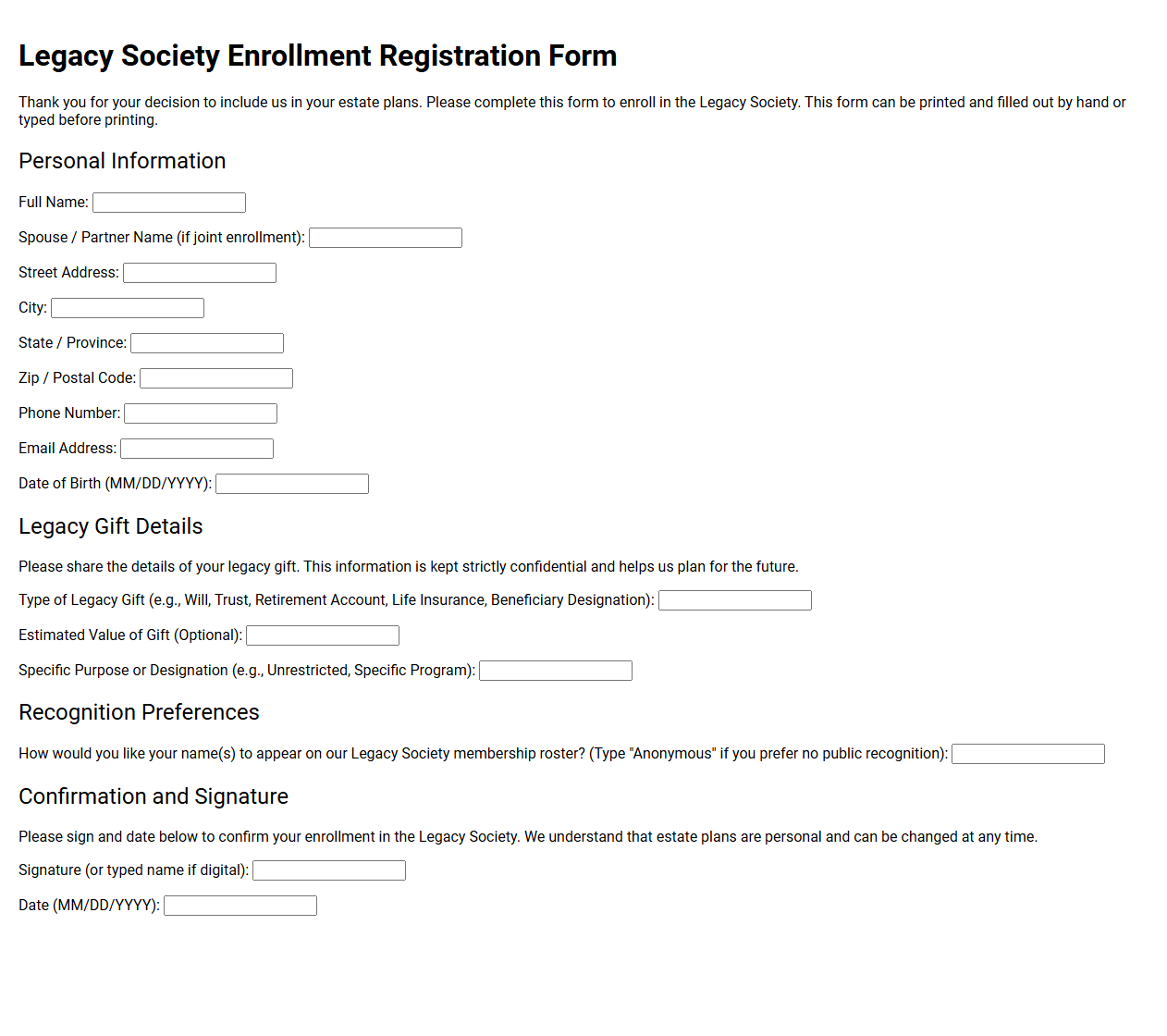 Legacy Society Enrollment Registration Form