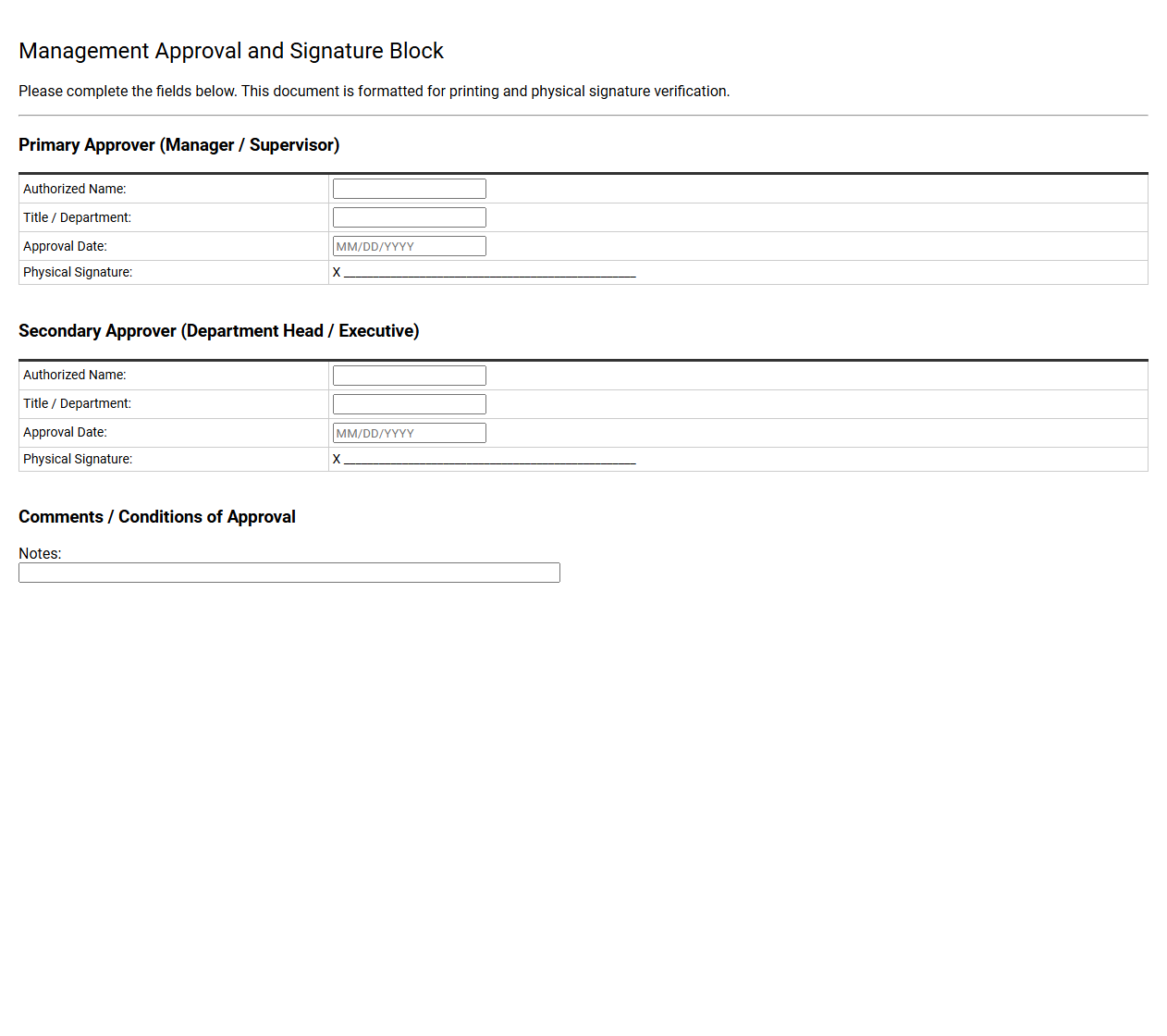Management Approval and Signature Block