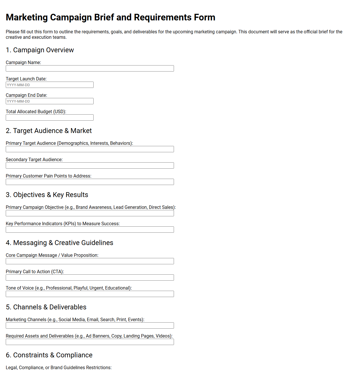 Marketing Campaign Brief and Requirements Form